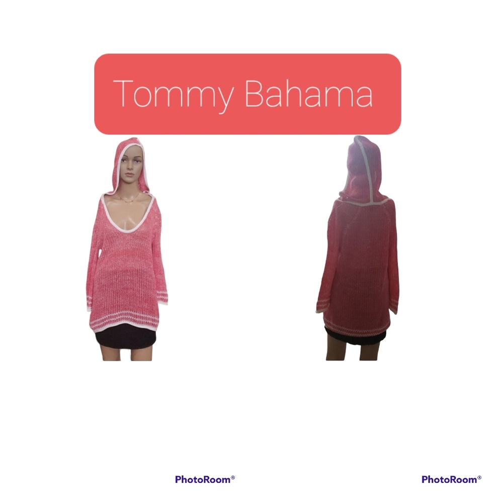 Tommy Bahama S linen blend hooded open knit sweater marled striped hems
